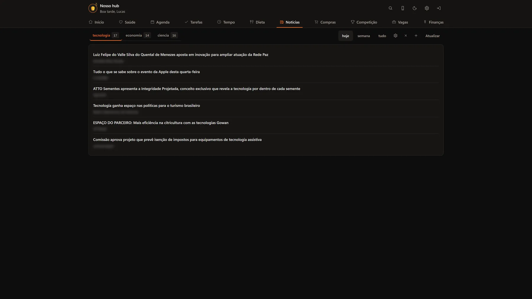 Aba de notícias do Hub com as manchetes do dia por assunto