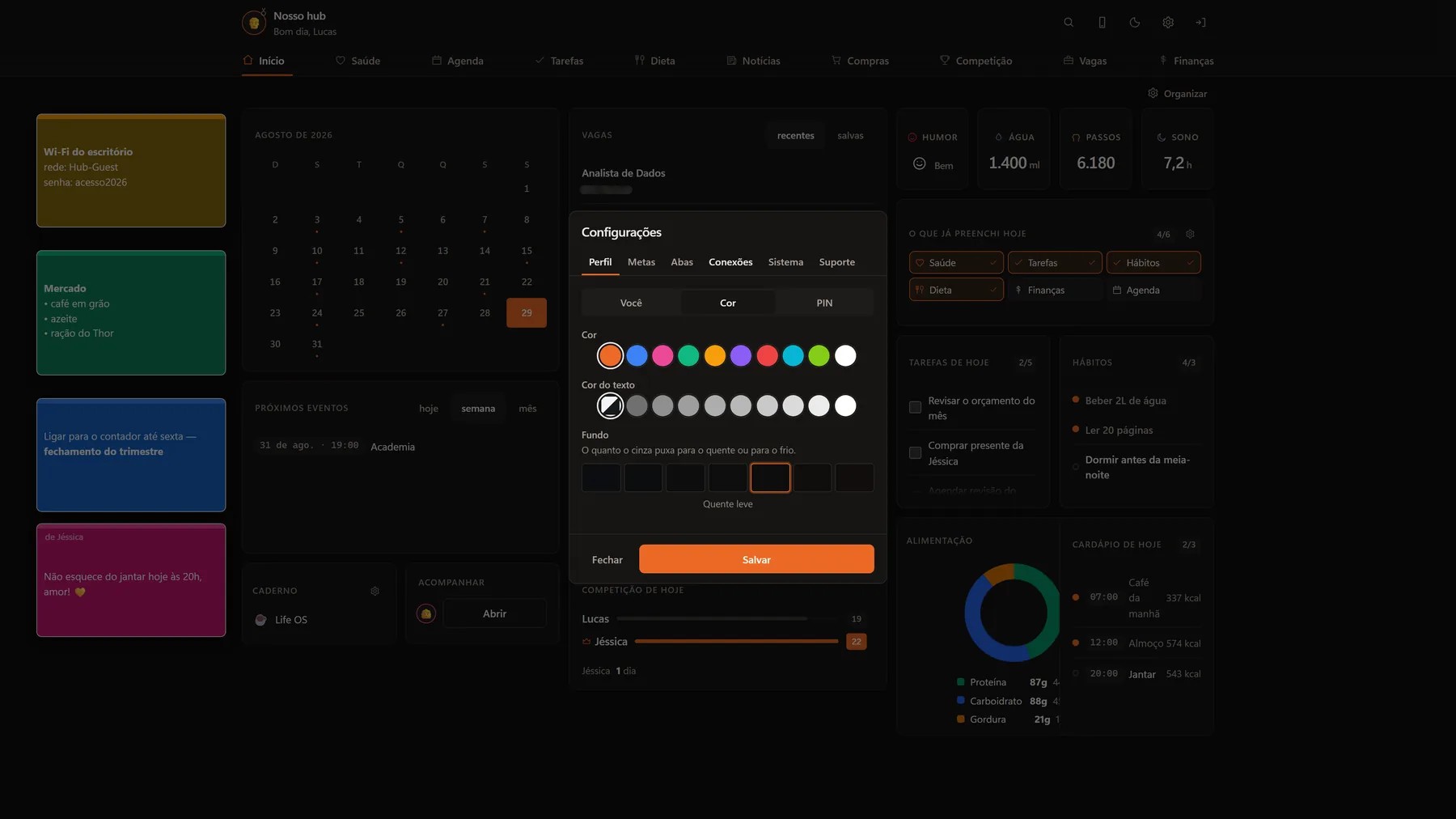 Tela de perfil do Hub com as cores do painel e do texto