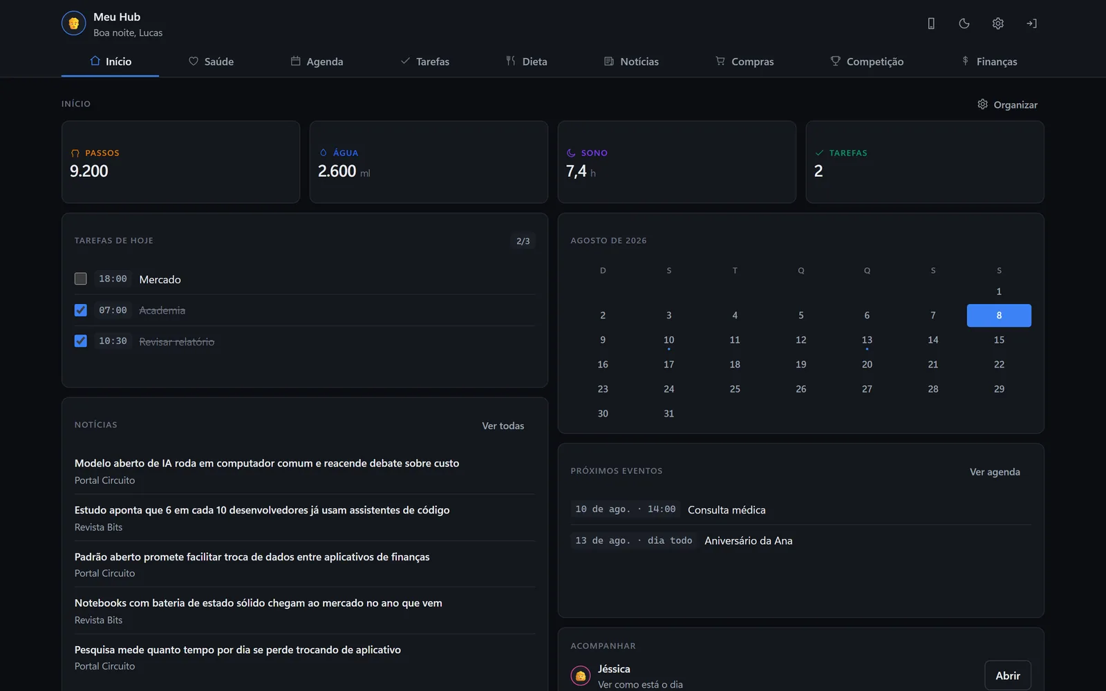 O Hub no tema escuro